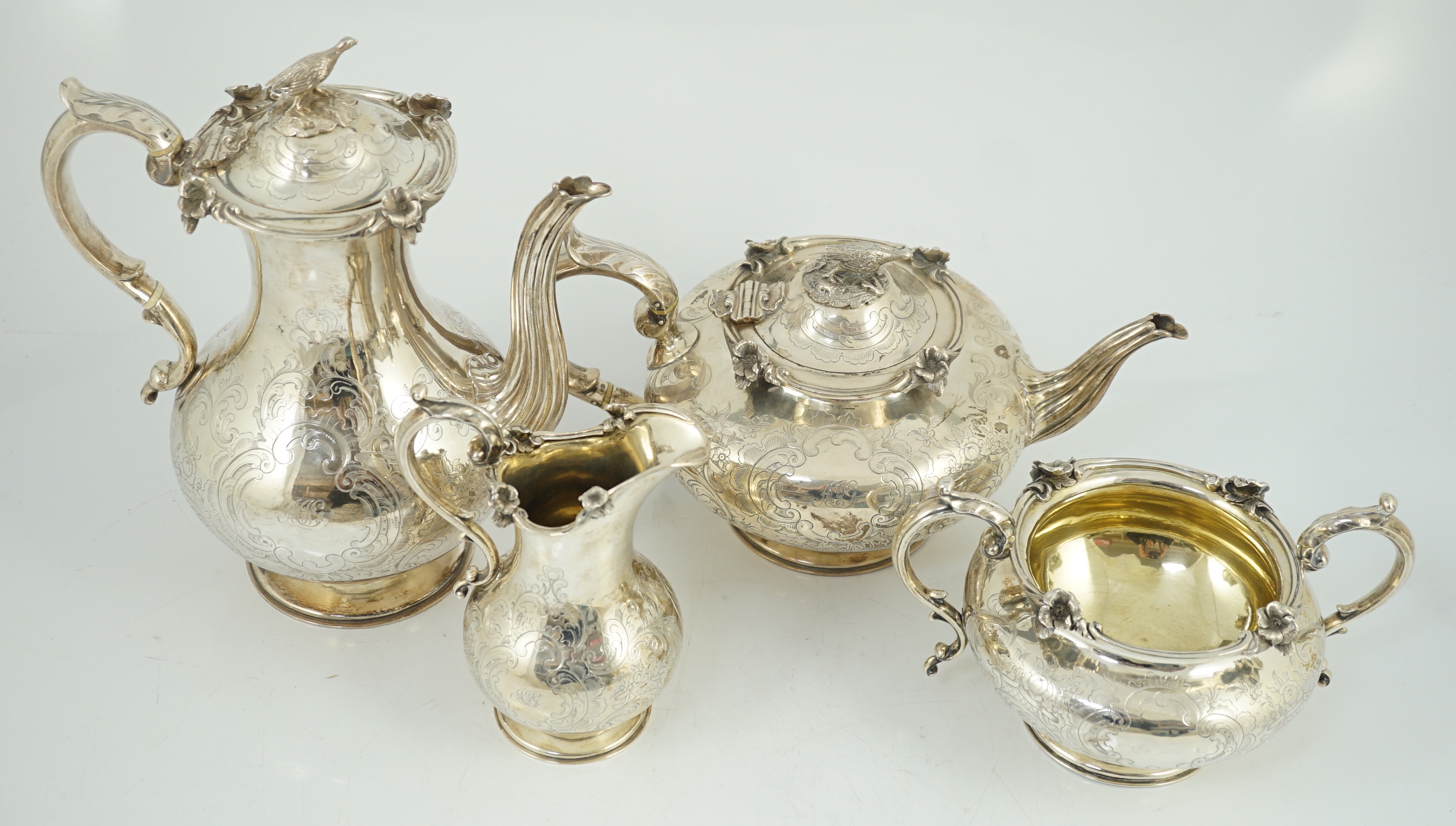 An early Victorian silver four piece tea and coffee service, by John & George Angell